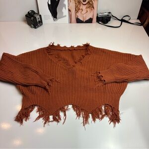 Boho Rust Distressed Knit Fringe Hem Sweater Top Oversized